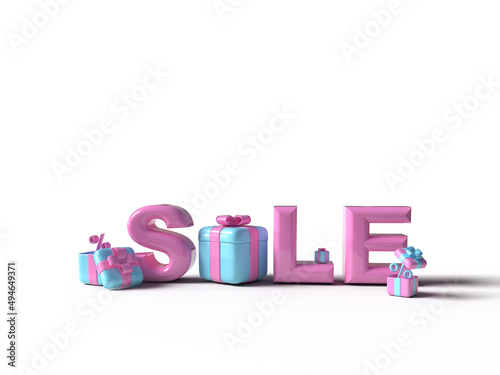 3d render. Sale lettering with gifts and boxes with bows and ribbons.