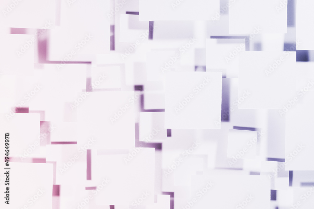 Bright futuristic gradient very peri purple, white and pink abstract geometric background with fly squares in hard light with saturated shadows as random pattern, top view, copy space.