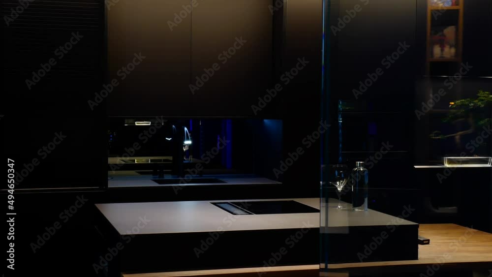 Transparent Glass Door Opening to a Modern Design Kitchen in Switzerland. Transparent Glass Door Opening to a Modern Design Kitchen in Switzerland.