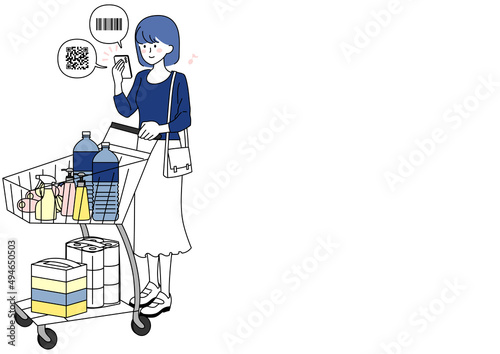 買い物カートを押しながらバーコードを読み込む女性