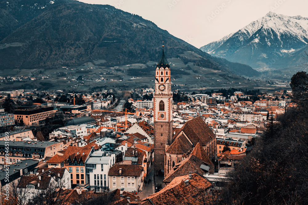view of the town of merano in the alps at winter - obrazy, fototapety, plakaty 