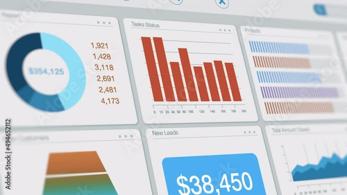close-up of a computer monitor, dashboard view of an ERP software enterprise resource planning, or a CRM software customer relationship management, charts, data and reports, graphic interface, horizon