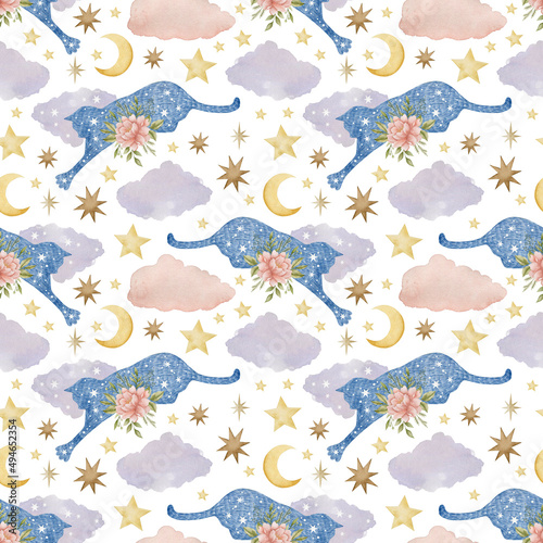 Watercolor seamless pattern peonies and roses  cats on a white background. 