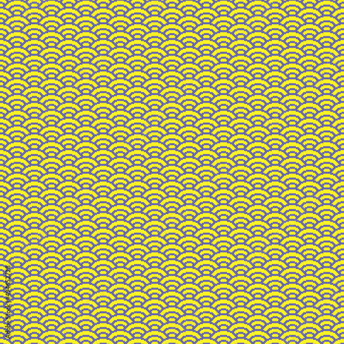 colorful simple vector pixel art seamless pattern of minimalistic blue or purple and yellow scaly japanese water waves pattern