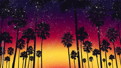 Summer sunset beach. Palm tree silhouette. Los Angeles, California, Hollywood. Design of social media, banner, poster, newsletter, advertisement, leaflet, placard, brochure, wallpaper, t-shirt, flyer.