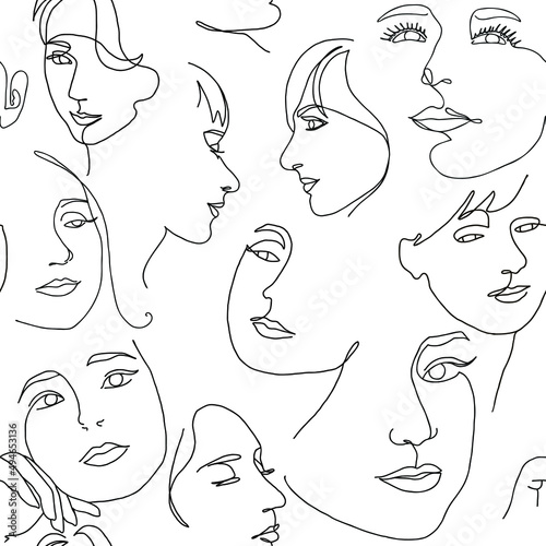 Line art woman silhouette vector seamless pattern background. Female faces  in modern simple linear style.  Beauty and fashion concept.