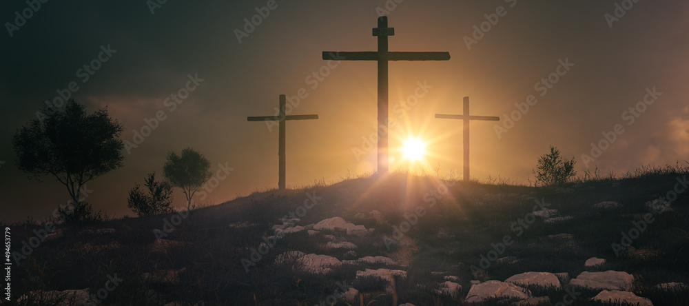 Naklejka premium Crucifixion and Resurrection.Three crosses. Easter or Resurrection concept. He is Risen. Happy Easter. 3D rendering.