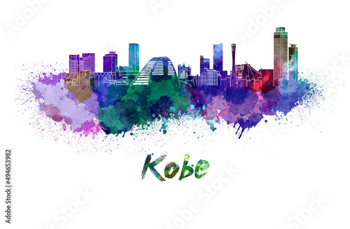 Kobe skyline in watercolor photo