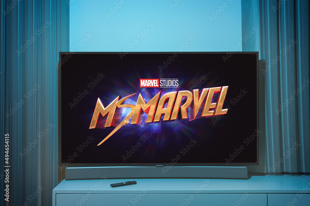 Ms Marvel TV series on big tv screen. Ms. Marvel television show at