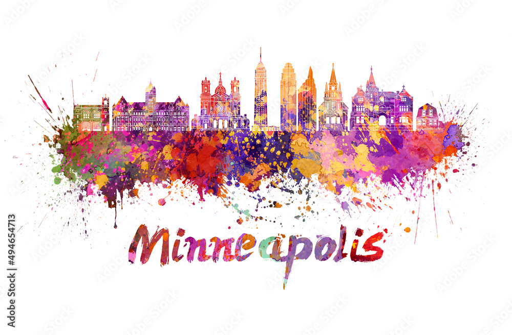 Grand Rapids skyline in watercolor splatters with clipping path