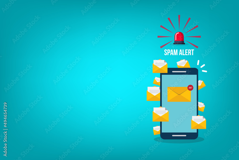 Fototapeta premium Spamming concept, a lot of emails on the screen of a smart phone. Email box hacking, spam warning. Vector illustration.