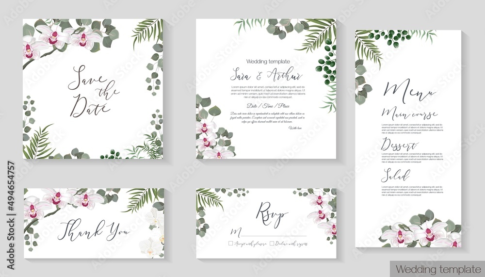 Vector illustrationVector herbal wedding invitation template. Different herbs, white orchid, green plants and leaves, unripe berries, round gold frame. The set consists of an invitation card, thank