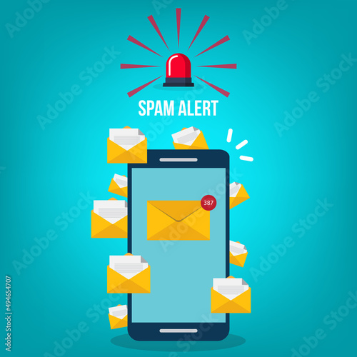 Spamming concept, a lot of emails on the screen of a smart phone. Email box hacking, spam warning. Vector illustration.