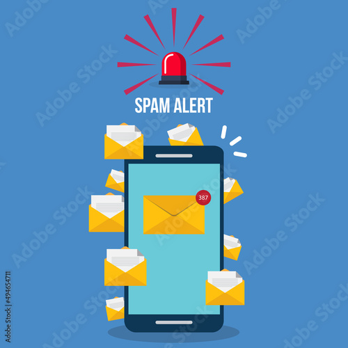 Spamming concept, a lot of emails on the screen of a smart phone. Email box hacking, spam warning. Vector illustration.