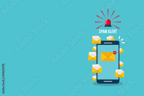 Spamming concept, a lot of emails on the screen of a smart phone. Email box hacking, spam warning. Vector illustration.
