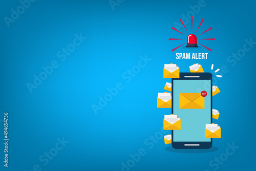 Spamming concept, a lot of emails on the screen of a smart phone. Email box hacking, spam warning. Vector illustration.