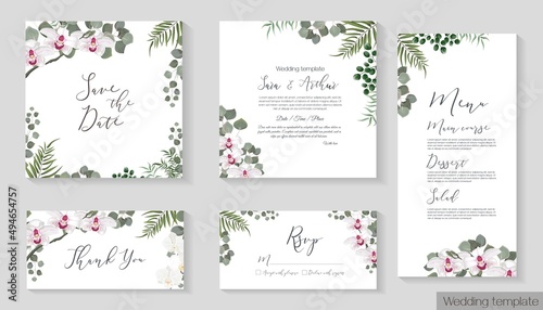 Vector illustrationVector herbal wedding invitation template. Different herbs  white orchid  green plants and leaves  unripe berries  round gold frame. The set consists of an invitation card  thank