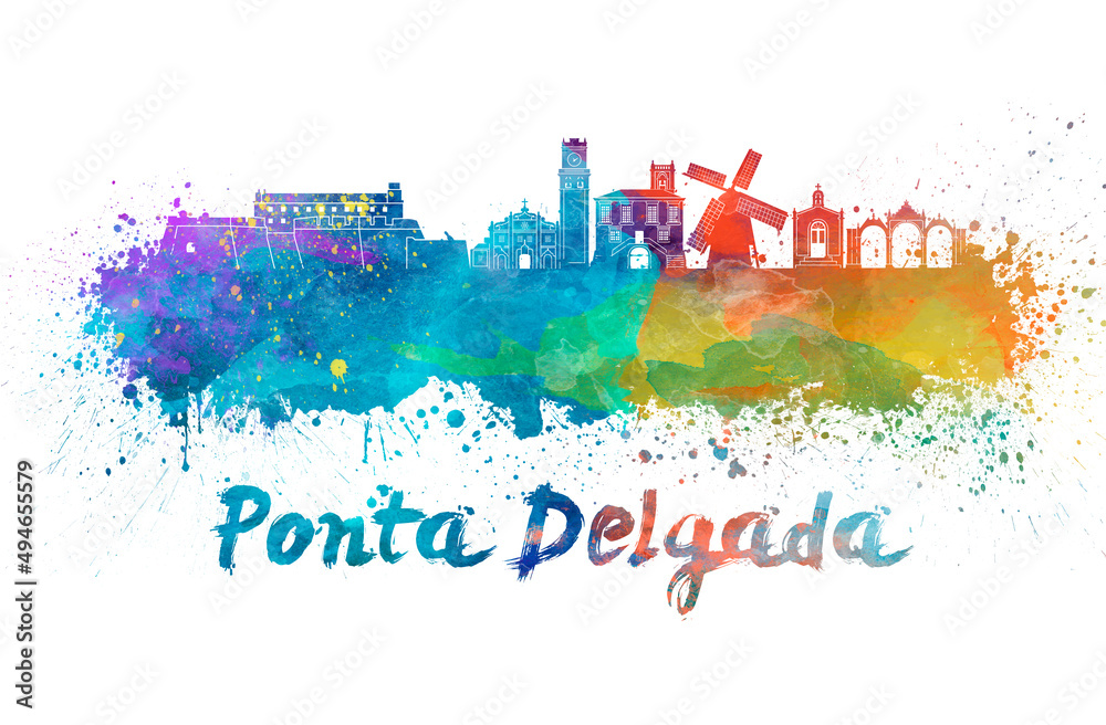 Obraz premium Ponta Delgada skyline in watercolor