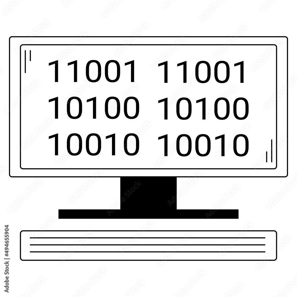 Hand drawn computer with binary code on the screen. Device for complex computing tasks Hand drawn computer with binary code on the screen. Device for complex computing tasks