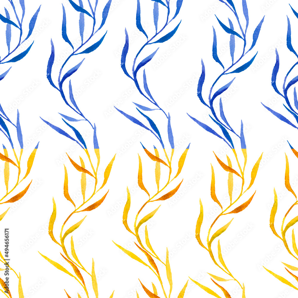 Branches with leaves. Blue and yellow abstract background, wallpaper. Branches with leaves. Blue and yellow abstract background, wallpaper.