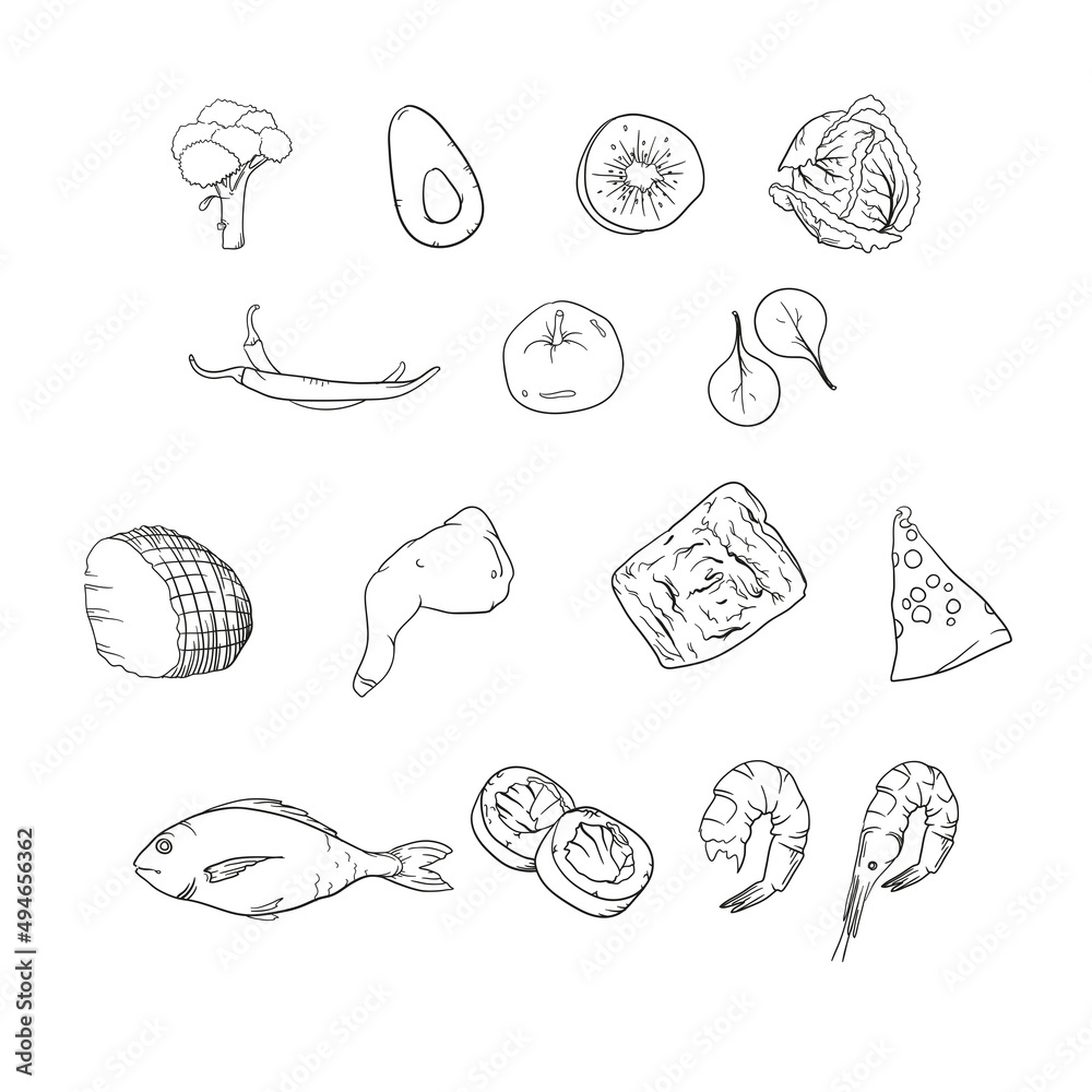 Vertical set of food. Fruits, vegetables, dressings, seafood, meat on a white background.