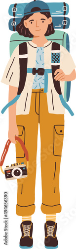 Female Tourist or Hiker with Backpack Cartoon Illustration