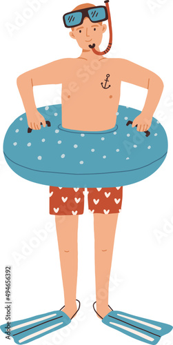 Man with Swimming Circle Cartoon Illustration
