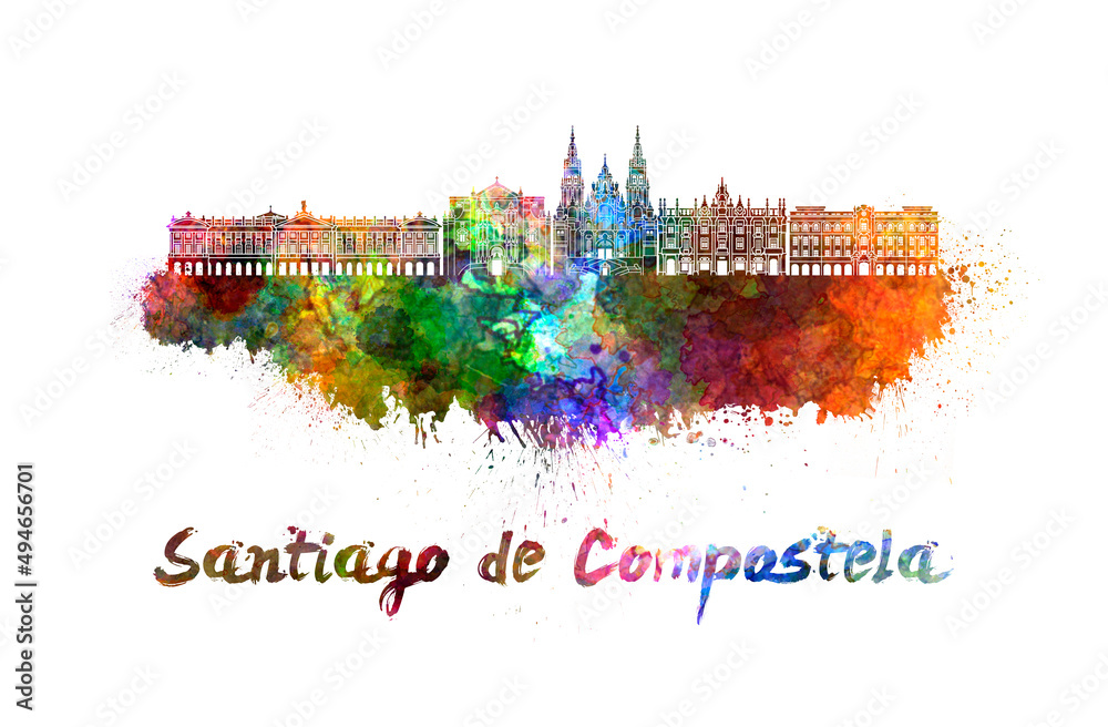 Santiago de Compostela skyline in watercolor