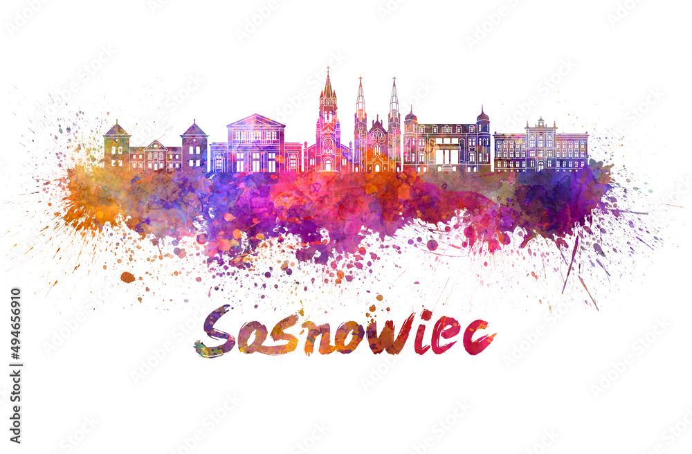 Sosnowiec skyline in watercolor splatters Sosnowiec skyline in watercolor splatters