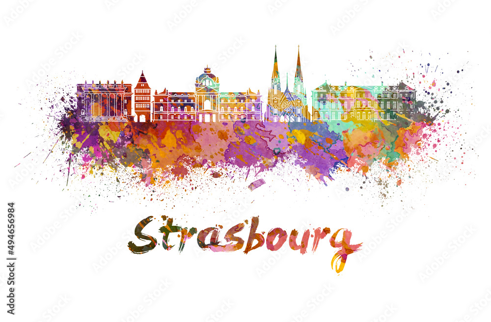 Strasbourg skyline in watercolor - obrazy, fototapety, plakaty 