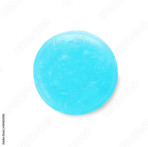 One light blue cough drop isolated on white, top view