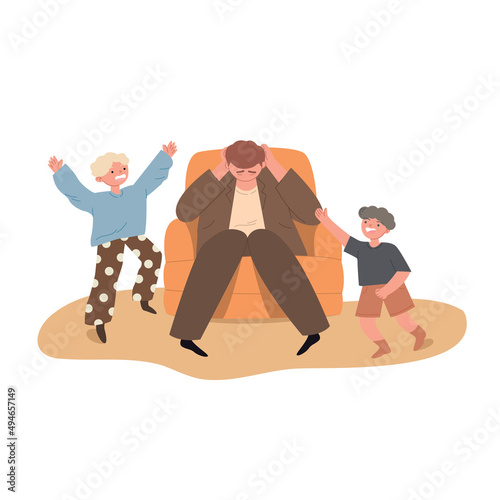 Tired father is sitting on the armchair. An exhausted man parental responsibilities. Kids requires attention. The concept of the difficulties of motherhood. Vector flat illustration.