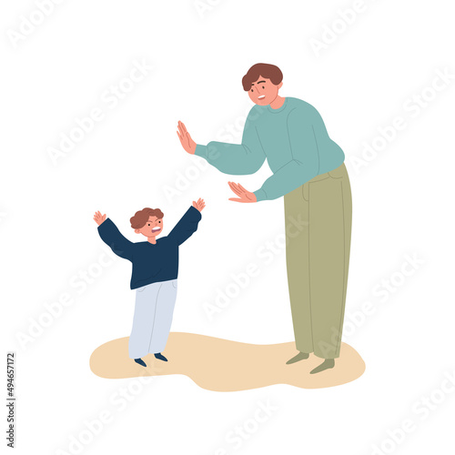 Parent trying to calm the child down. The child screams at the father. The concept of parenthood and upbringing children. Vector flat illustration on an isolated white background.