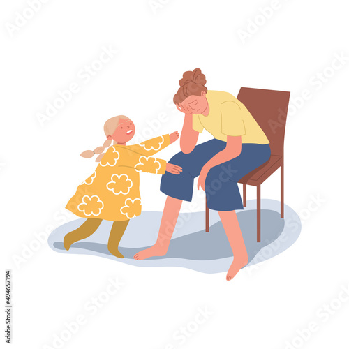 Tired mom is sitting on the chair. An exhausted woman parental responsibilities. Child requires attention. The concept of the difficulties of motherhood. Vector flat illustration.