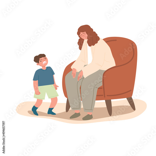 Tired mom is sitting on the armchair. An exhausted woman parental responsibilities. Child requires attention. The concept of the difficulties of motherhood. Vector flat illustration.