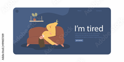 I'm tired.  An unhappy woman.  Bad mood, depressive state. The concept of mental health. Psychotherapy. A painful condition. Landing Page Template. Cartoon vector illustration. All elements isolated.