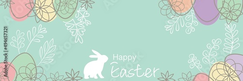 happy easter illustration decorated with colorful eggs and floral elements. Easter decorative background for event, frame, banner and graphic design. Vector illustration.