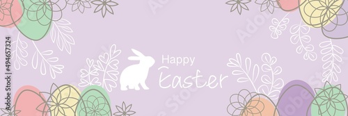 happy easter illustration decorated with colorful eggs and floral elements. Easter decorative background for event, frame, banner and graphic design. Vector illustration.