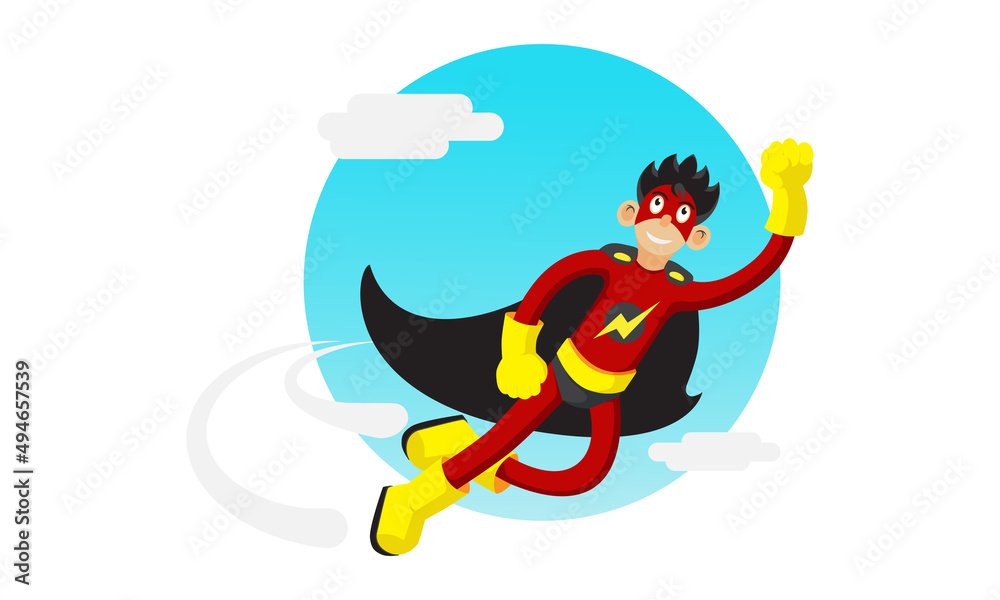Fototapeta premium flying superhero in blue sky. illustration vector character.
