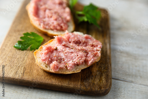 Traditional pork pate or sausage on a white bread
