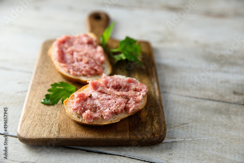 Traditional pork pate or sausage on a white bread