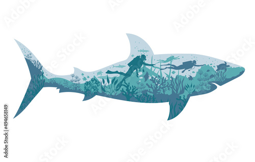 scuba diver with the underwater live with a shark shape as a background