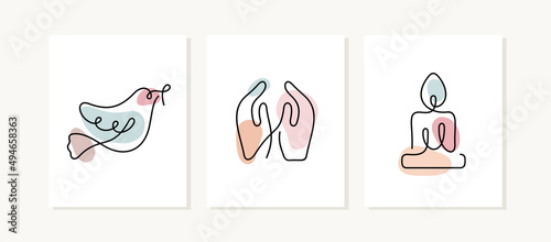 Peace and praying posters. Continuous line vector illustration.