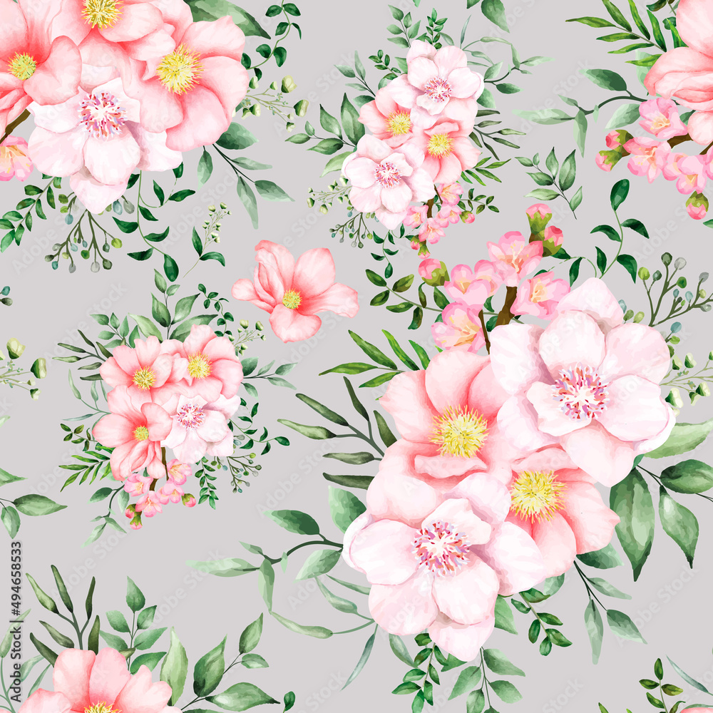 Fototapeta Hand drawn watercolor romantic floral seamless pattern