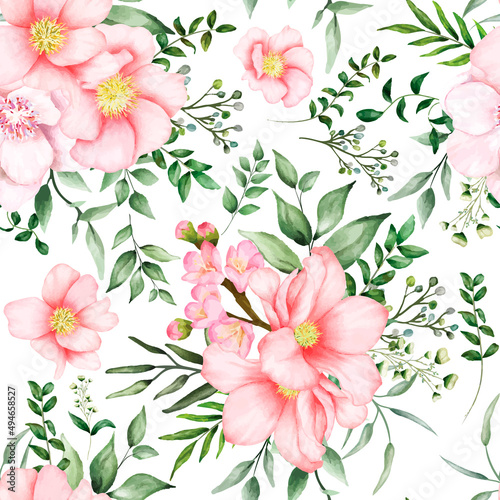 Hand drawn watercolor romantic floral seamless pattern
