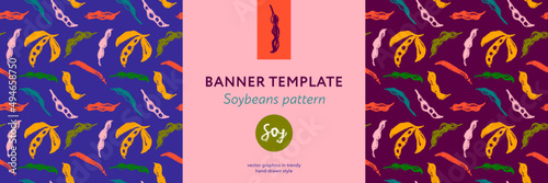 Vector label template with Soybean pattern seamless. Hand-drawn soy bean ornament for packaging for Soy vegetable oil, soy milk, tofu, vegan protein banner. Sport food concept. Soybeans background.