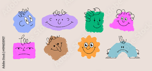 Funny and sad figures of random geometric shapes with texture shabby edges,