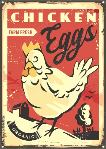 Farm fresh chicken eggs retro advertising metal sign post. Vintage design for animal farm products. Hen drawing with countryside landscape. Vector illustration.