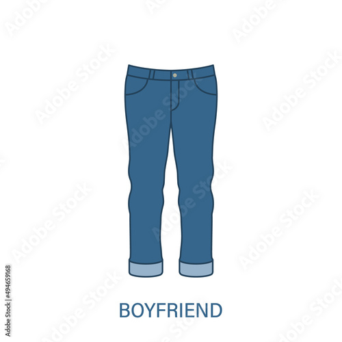 Woman Boyfriend Type Jeans Trousers Silhouette Icon. Modern Women Denim Clothing Style. Blue Fashion Casual Apparel. Beautiful Type of Female Pants. Mom Fit Pant. Isolated Vector Illustration