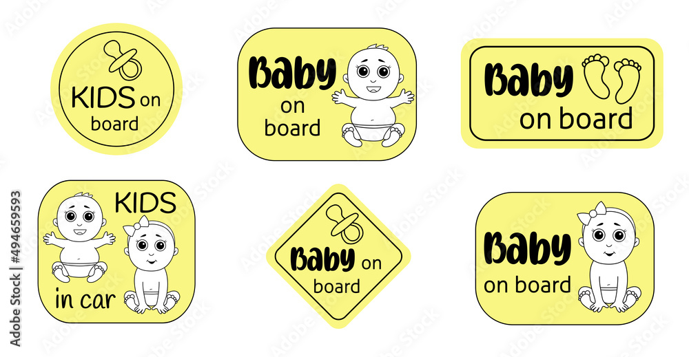 A set of warning signs stickers a baby in the car. Vector illustration on a yellow background in a cute doodle style